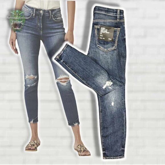 Silver Jeans Co Avery Curvy Fit High Rise Skinny Crop Indigo Denim Power Stretch - Picture 1 of 8